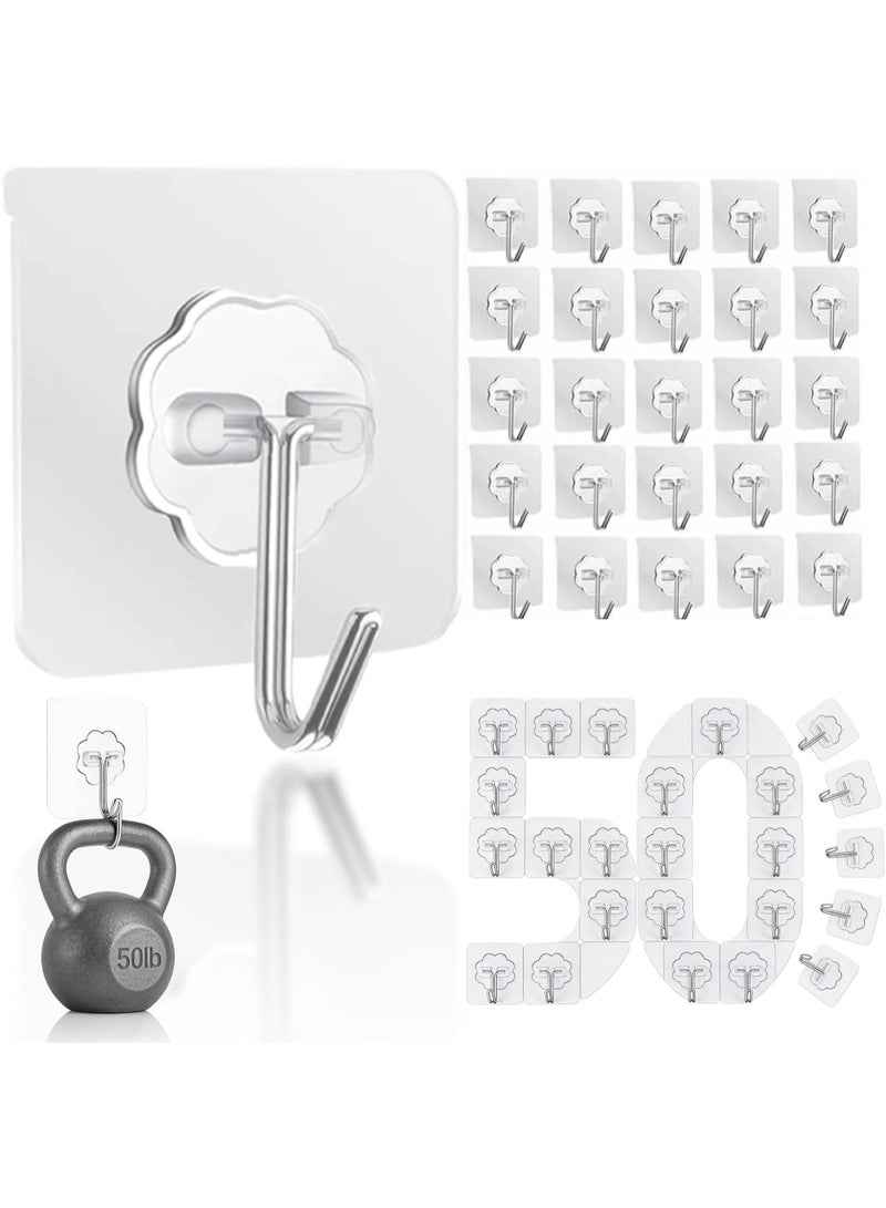 ٥٠ قطعة من خطافات الحائط الشفافة المقاومة للماء - خطافات لاصقة شديدة التحمل تتحمل وزن ٢٢ رطلاً، مناسبة للمنزل والحمام والمطبخ والدش والأبواب والتعليق الخارجي، سهلة التركيب والإزالة دون إتلاف الجدران. - Image 1